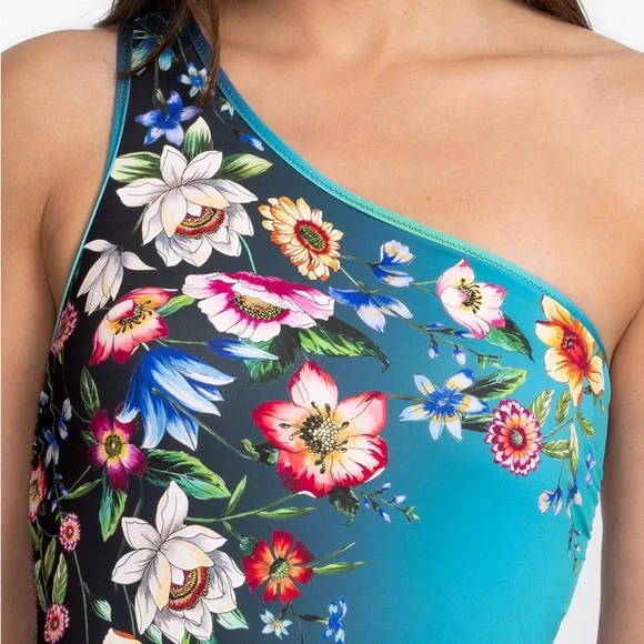 Johnny Was Teal Floral One-Shoulder Swimsuit size Xl stunning art piece - Picture 4 of 8